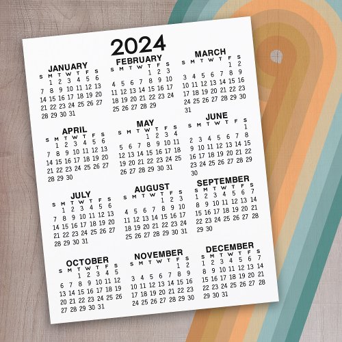 2024 Calendar Mini Full Year View Flat Sheet Paper