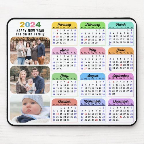 2024 Calendar Minimalist 3 Family Photo Colorful  Mouse Pad