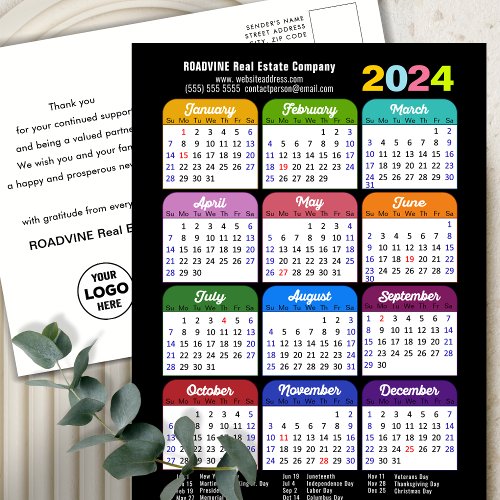 2024 Calendar Minimalist Black Corporate New Year  Holiday Postcard