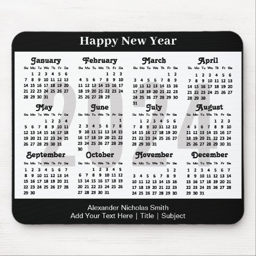 2024 Calendar Minimalist Black White Custom Text  Mouse Pad