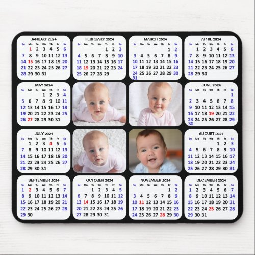 2024 Calendar Modern Black 4 Family Photo Simple Mouse Pad