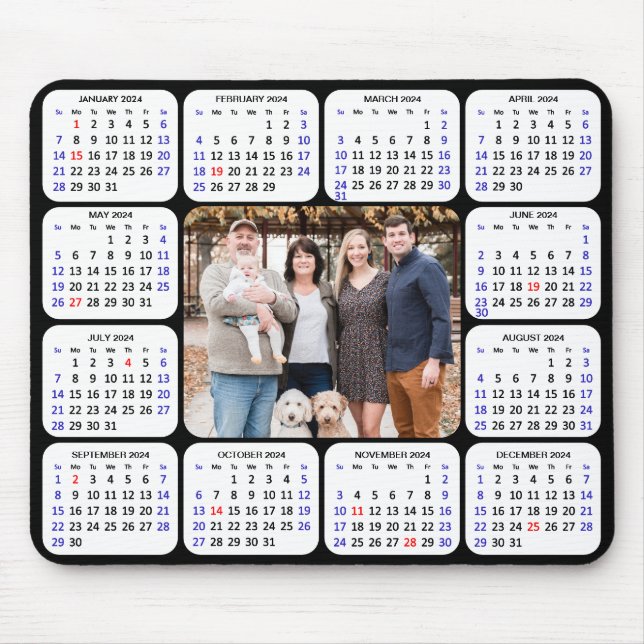 2024 Calendar Modern Black 4 Family Photo Simple Mouse Pad (Front)