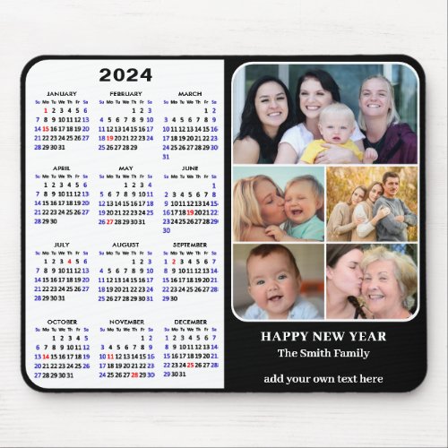 2024 Calendar Modern Black 5 Family Photo Collage Mouse Pad