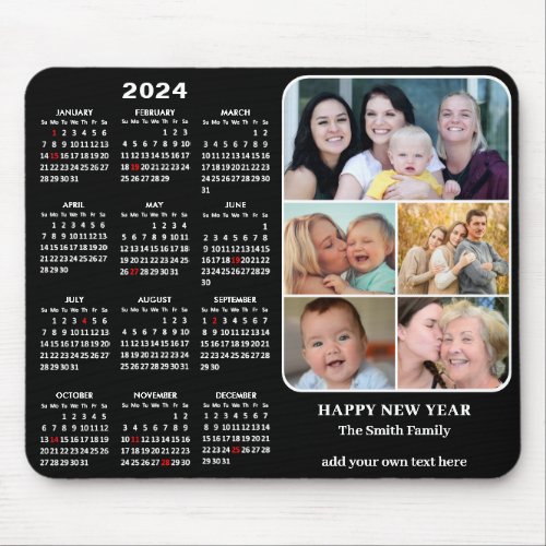 2024 Calendar Modern Black 5 Family Photo Collage Mouse Pad