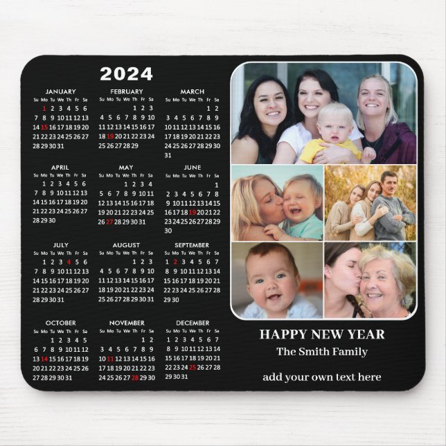 2024 Calendar Modern Black 5 Family Photo Collage Mouse Pad (Front)