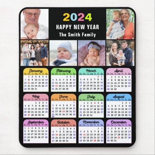 2024 Calendar Modern Black 6 Family Photo Collage  Mouse Pad