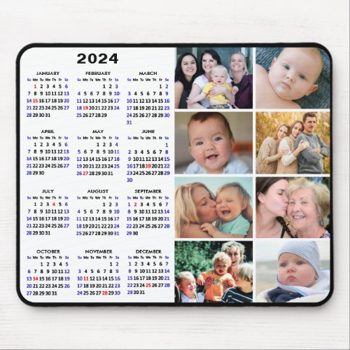 2024 Calendar Modern Black 8 Family Photo Collage Mouse Pad