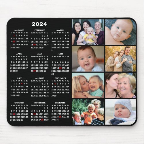 2024 Calendar Modern Black 8 Family Photo Collage Mouse Pad