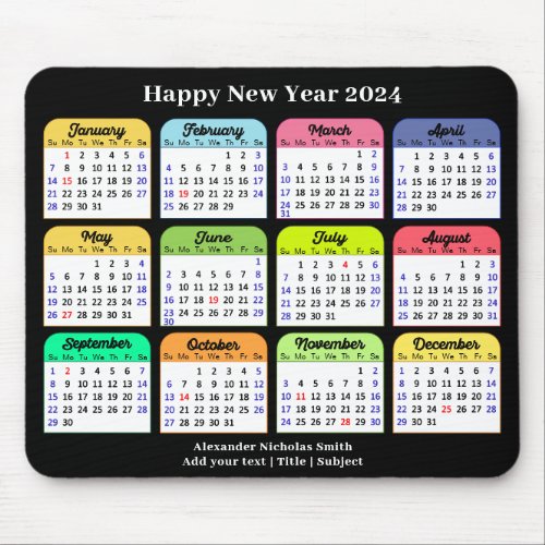 2024 Calendar Modern Black Custom Text Colorful Mouse Pad