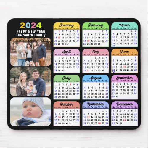 2024 Calendar Modern Black Family Photo Colorful  Mouse Pad