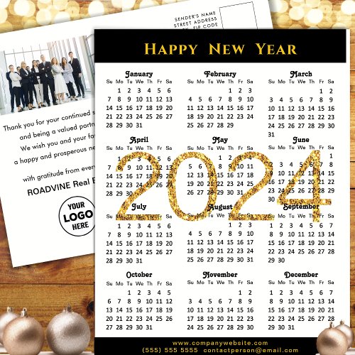 2024 Calendar Modern Black Gold Business Photo Holiday Postcard