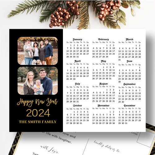 2024 Calendar Modern Black Gold Glitter 2 Photo Holiday Postcard