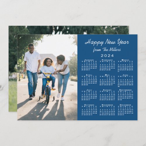 2024 Calendar Modern Blue 2 Photo Happy New Year Holiday Card