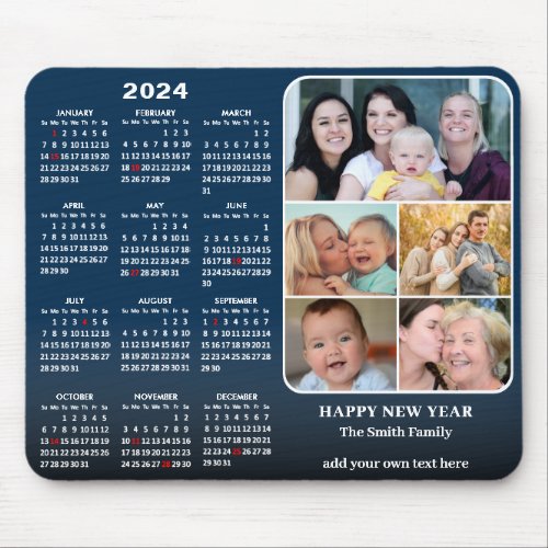 2024 Calendar Modern Blue 5 Family Photo Collage Mouse Pad