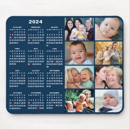 2024 Calendar Modern Blue 8 Family Photo Collage Mouse Pad