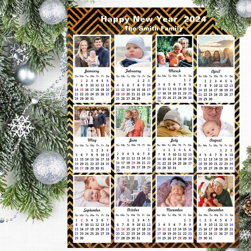 2024 Calendar Modern Family 12 Photo Black Gold Holiday Card