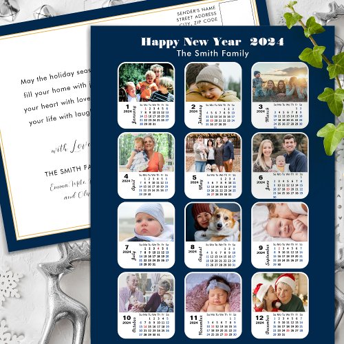 2024 Calendar Modern Family 12 Photo Blue Glitter Holiday Postcard