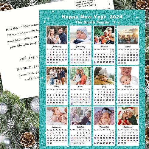 2024 Calendar Modern Family 12 Photo Blue Glitter Holiday Postcard