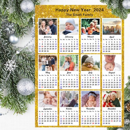 2024 Calendar Modern Family 12 Photo Festive Gold Holiday Card