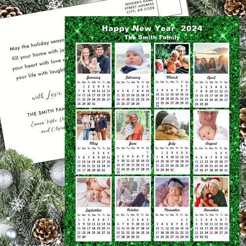2024 Calendar Modern Family 12 Photo Green Glitter Holiday Postcard