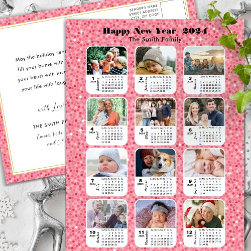 2024 Calendar Modern Family 12 Photo Pink Glitter Holiday Postcard