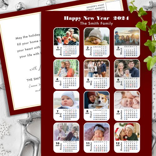 2024 Calendar Modern Family 12 Photo Red Glitter Holiday Postcard