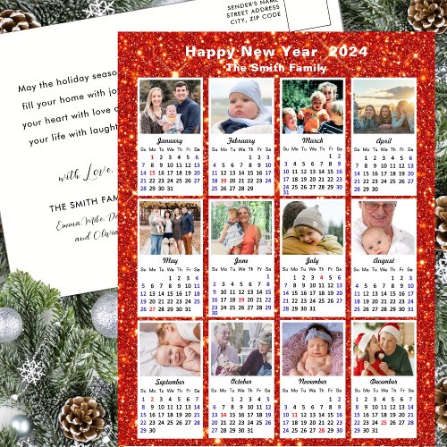 2024 Calendar Modern Family 12 Photo Red Glitter Holiday Postcard