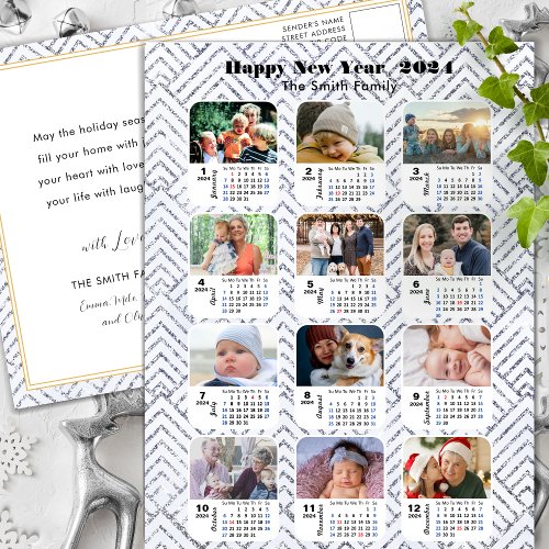 2024 Calendar Modern Family Photo Collage Silver Holiday Postcard