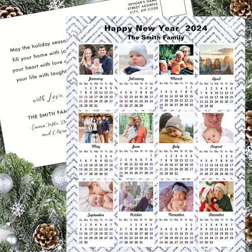 2024 Calendar Modern Family Photo Collage Silver Holiday Postcard
