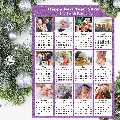 2024 Calendar Modern Family Photo Festive Purple  Holiday Card