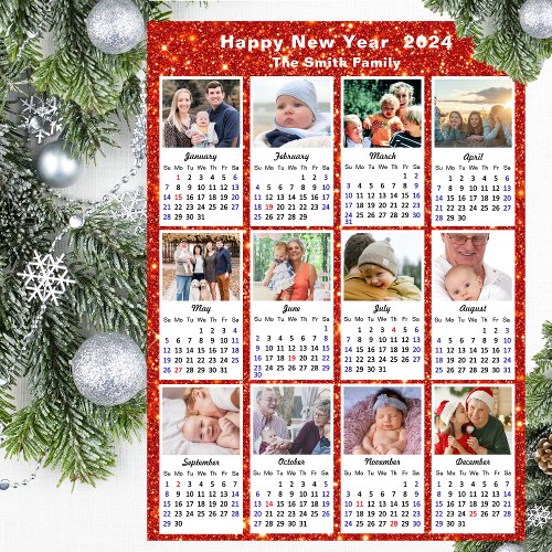 2024 Calendar Modern Family Photo Festive Red Holiday Card