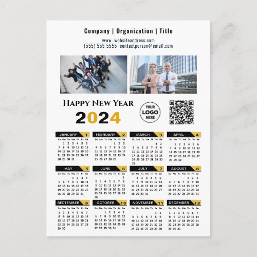 2024 Calendar Modern Gold Black Business Logo QR  Holiday Postcard