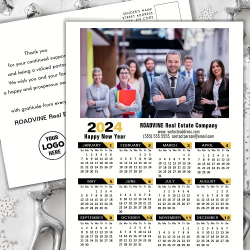 2024 Calendar Modern Gold Black Corporate Photo Holiday Postcard