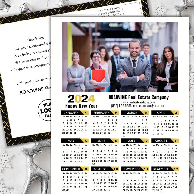 2024 Calendar Modern Gold Black Corporate Photo   Holiday Postcard (Creator Uploaded)