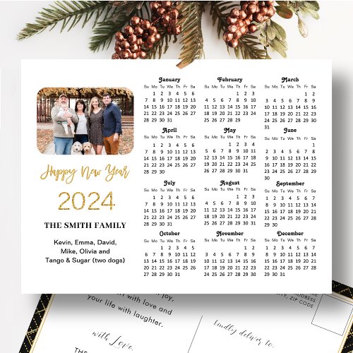 2024 Calendar Modern Gold Glitter Photo Minimalist Holiday Postcard