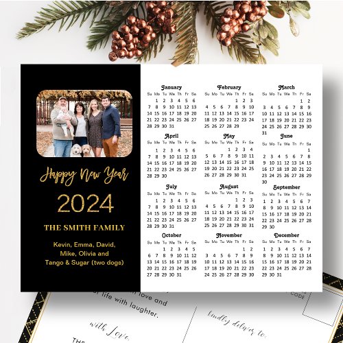 2024 Calendar Modern Gold Glitter Photo Minimalist Holiday Postcard