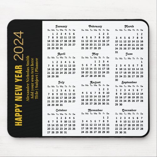 2024 Calendar Modern Gold Script Black Minimalist Mouse Pad