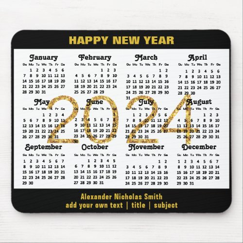 2024 Calendar Modern Gold Script Black Minimalist Mouse Pad