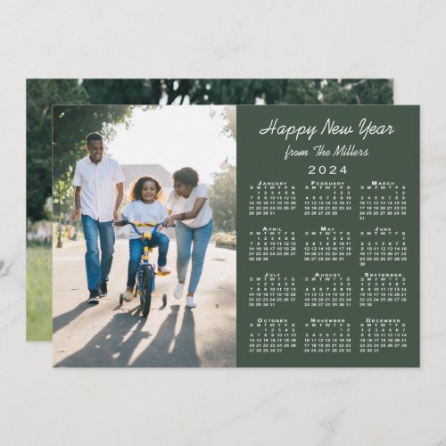 2024 Calendar Modern Green 2 Photo Happy New Year Holiday Card