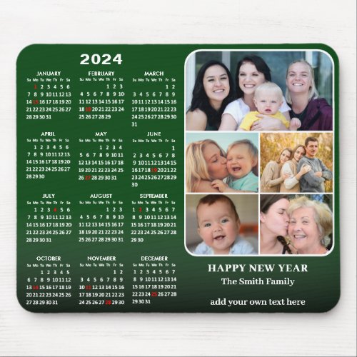 2024 Calendar Modern Green 5 Family Photo Collage Mouse Pad