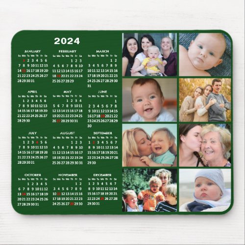 2024 Calendar Modern Green 8 Family Photo Collage Mouse Pad
