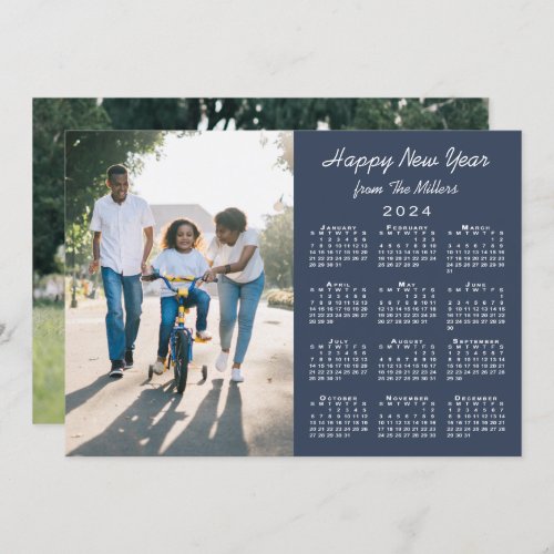 2024 Calendar Modern Navy 2 Photo Happy New Year Holiday Card