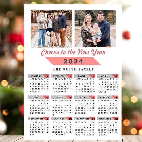 2024 Calendar Modern Pink Family 2 Photo Magnetic