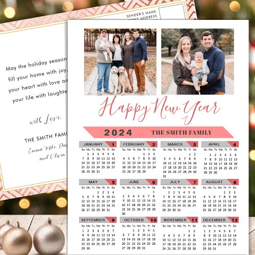 2024 Calendar Modern Pink Family Photo Minimalist Holiday Postcard