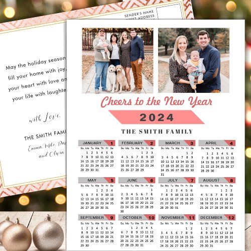 2024 Calendar Modern Pink Family Photo Minimalist Holiday Postcard