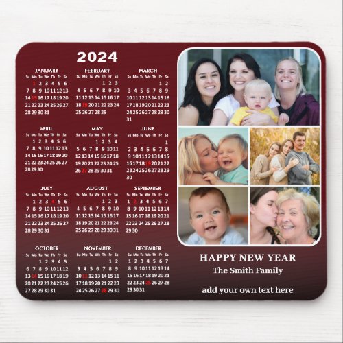 2024 Calendar Modern Red 5 Family Photo Collage Mouse Pad