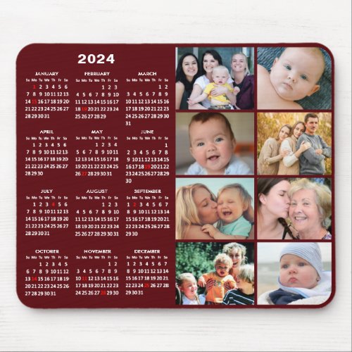 2024 Calendar Modern Red 8 Family Photo Collage Mouse Pad
