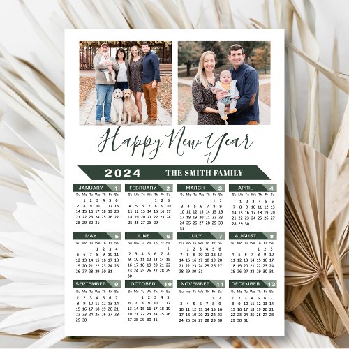 2024 Calendar Modern Sage Green Minimalist 2 Photo Holiday Card