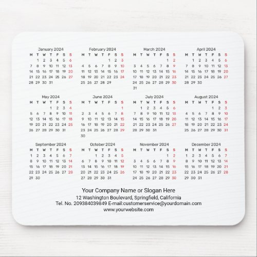 2024 Calendar MONDAY START All White Minimalist Mouse Pad