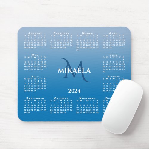 2024 Calendar Monogram Name on Sky Blue Gradient Mouse Pad